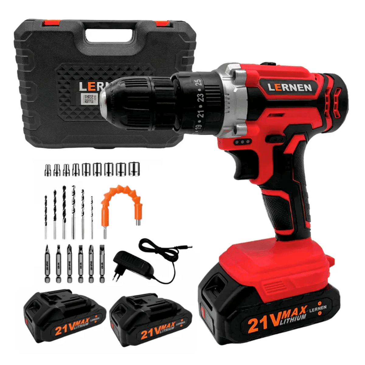 KIT Taladro Percutor Desatornillador ROJO Inalámbrico 21v LERNEN + 2 baterías + Accesorios + Maleta