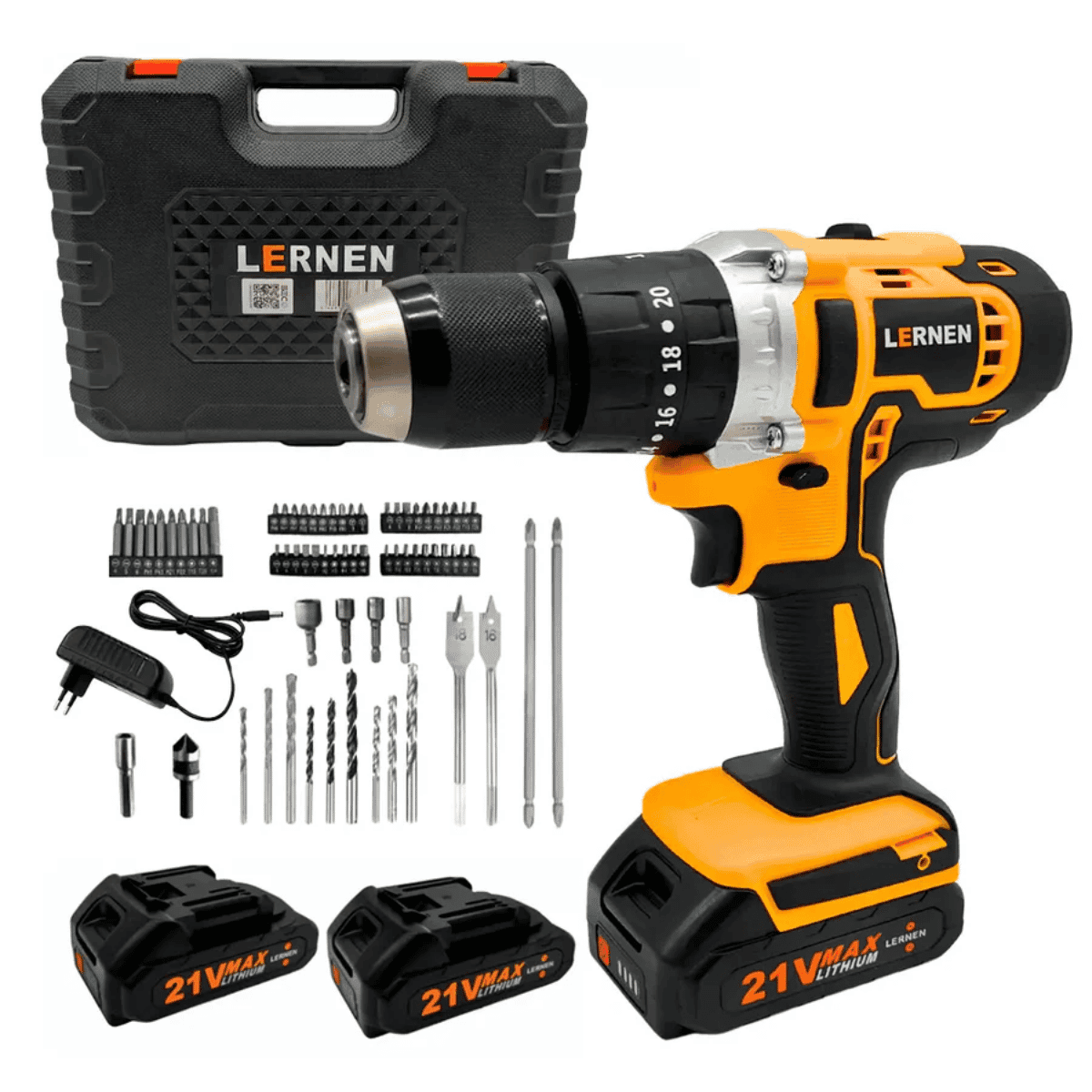 KIT Taladro Destornillador Percutor Pro Amarillo Inal. LERNEN + 2 Baterías + Accesorios